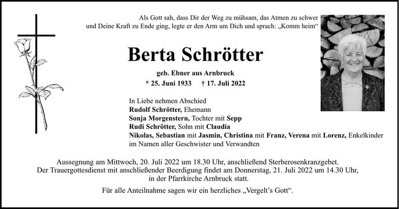 Traueranzeige Berta Schrötter