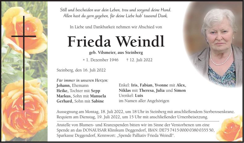 Traueranzeige Frieda Weindl
