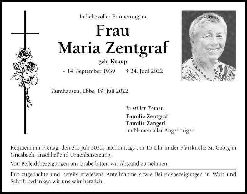 Traueranzeige Maria Zentgraf