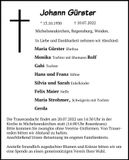 Traueranzeige Johann Gürster