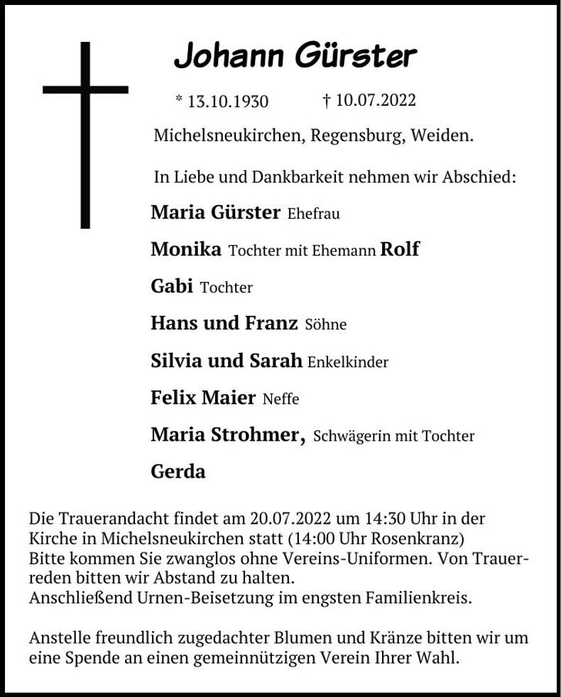Traueranzeige Johann Gürster