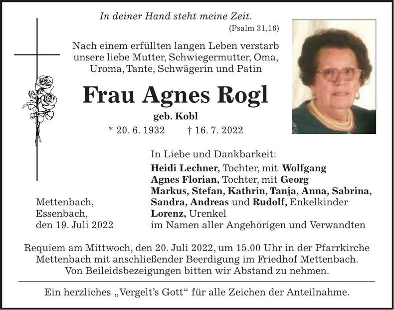 Traueranzeige Agnes Rogl