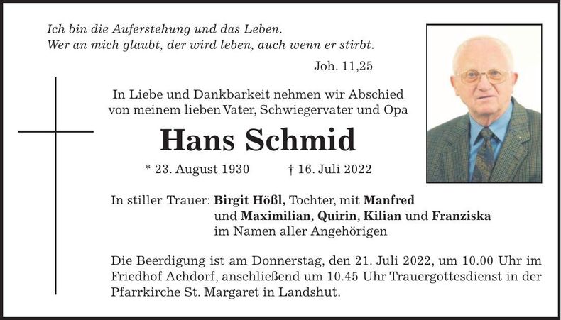 Traueranzeige Hans Schmid