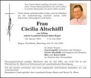 Traueranzeige Cäcilia Altschäffl
