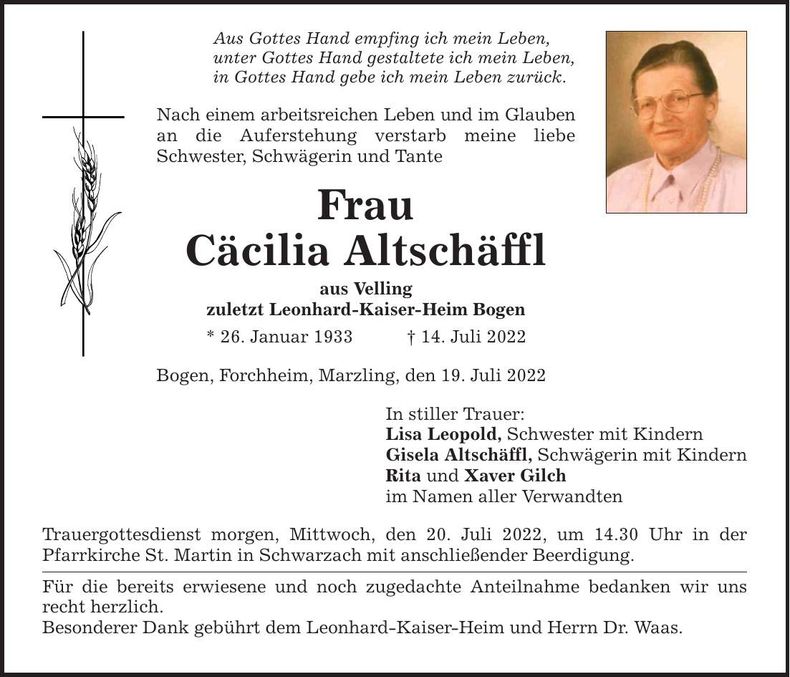 Traueranzeige Cäcilia Altschäffl