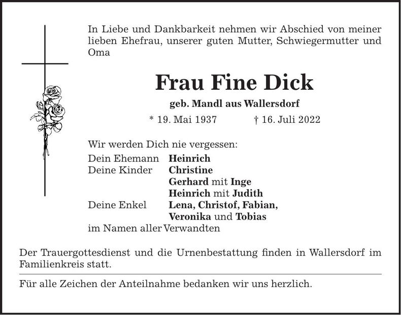 Traueranzeige Fine Dick