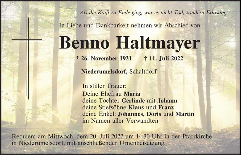 Traueranzeige Benno Haltmayer
