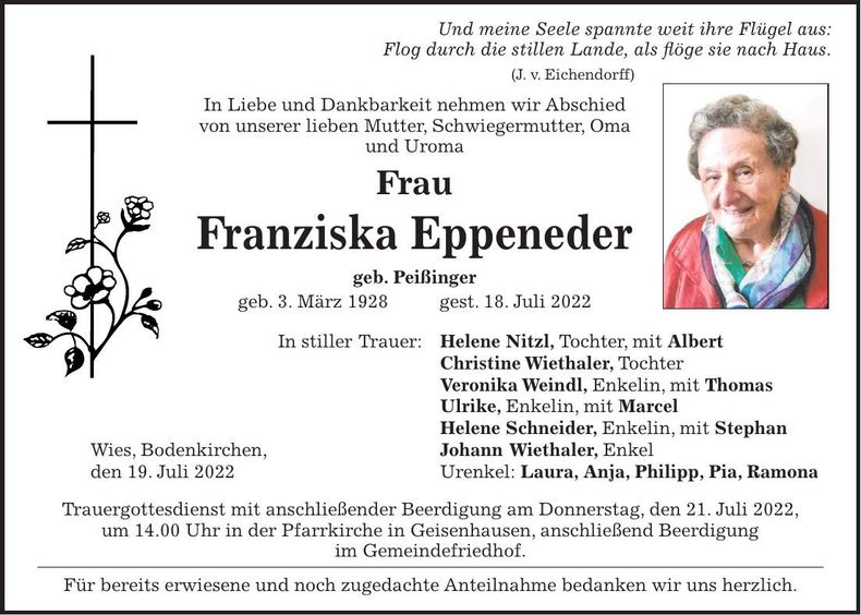 Traueranzeige Franziska Eppeneder
