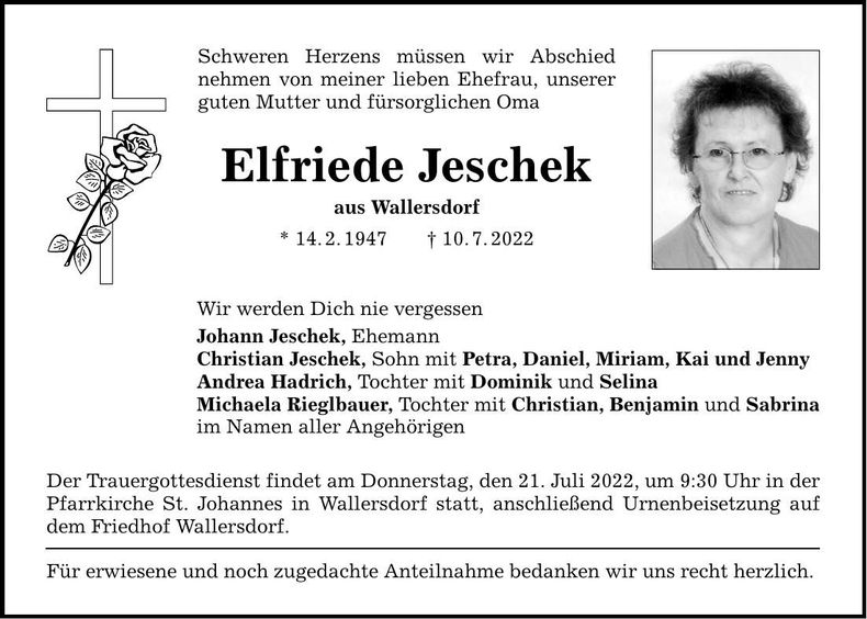 Traueranzeige Elfriede Jeschek