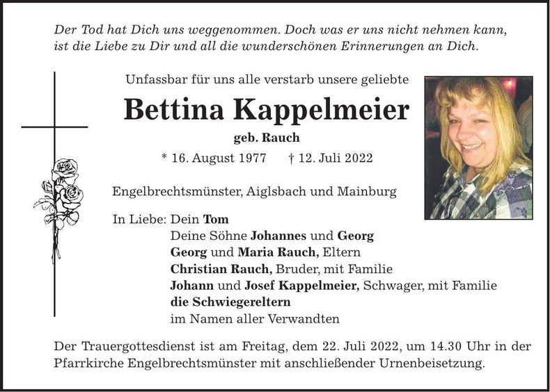 Traueranzeige Bettina Kappelmeier