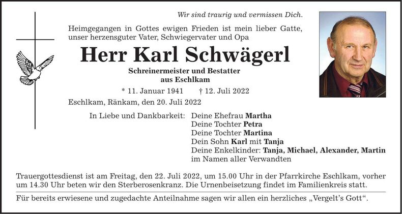 Traueranzeige Karl Schwägerl
