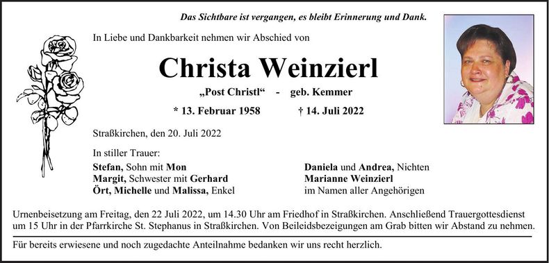 Traueranzeige Christa Weinzierl