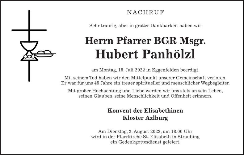 Traueranzeige Pfarrer BGR Msgr. Hubert Panhölzl
