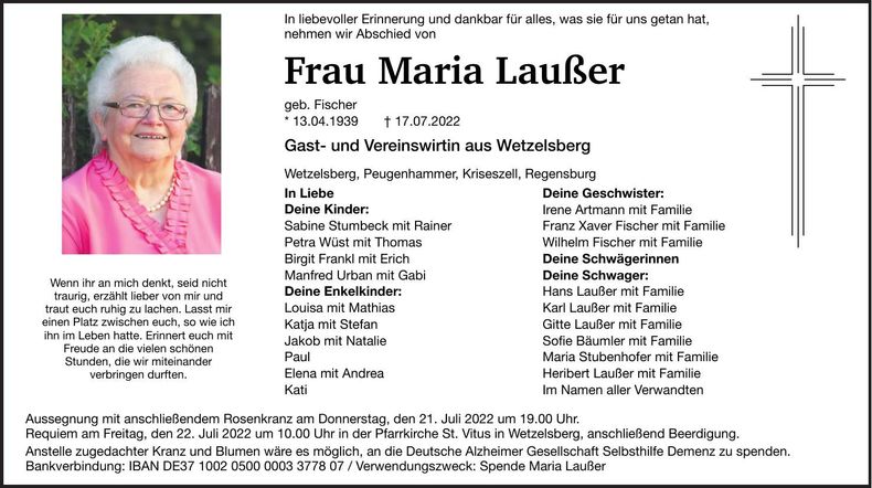 Traueranzeige Maria Laußer