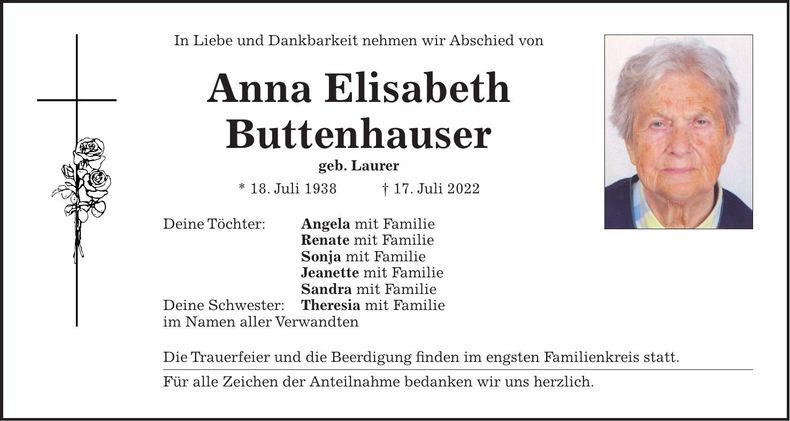 Traueranzeige Anna Elisabeth Buttenhauser