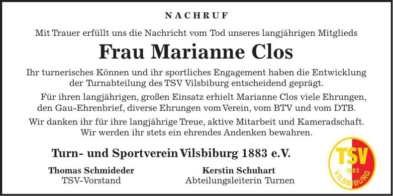 Traueranzeige Marianne Clos