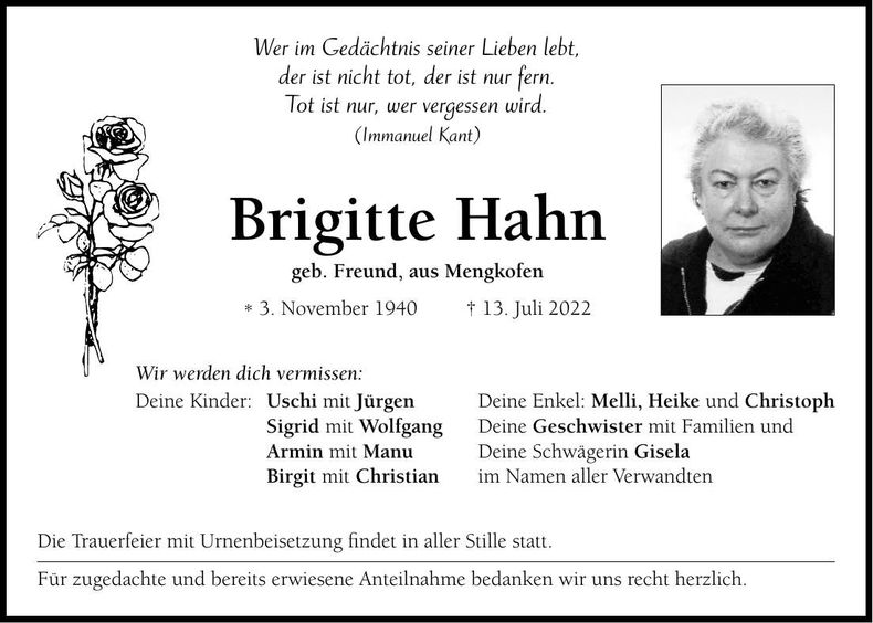Traueranzeige Brigitte Hahn