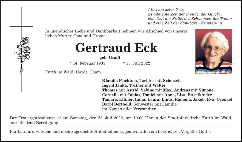 Traueranzeige Gertraud Eck