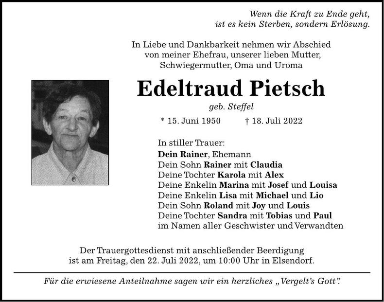 Traueranzeige Edeltraud Pietsch