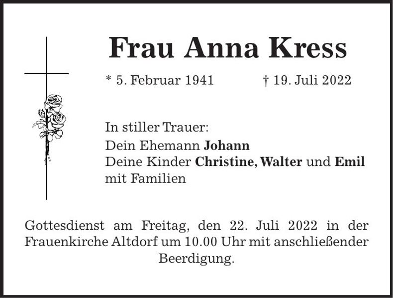 Traueranzeige Anna Kress