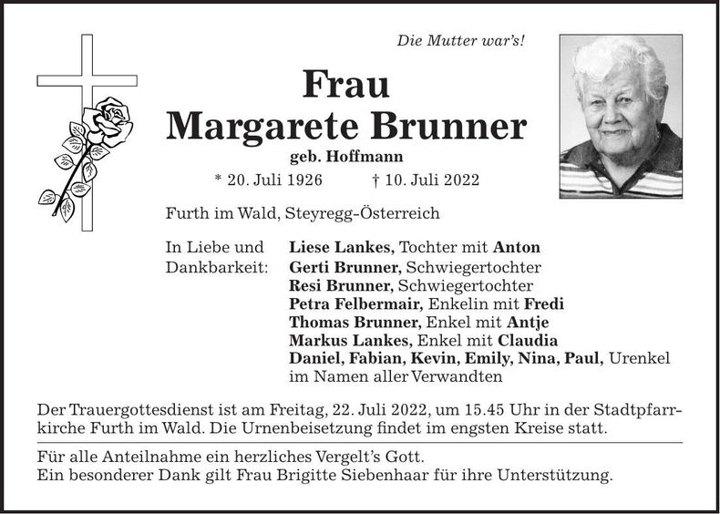 Traueranzeige Margarete Brunner
