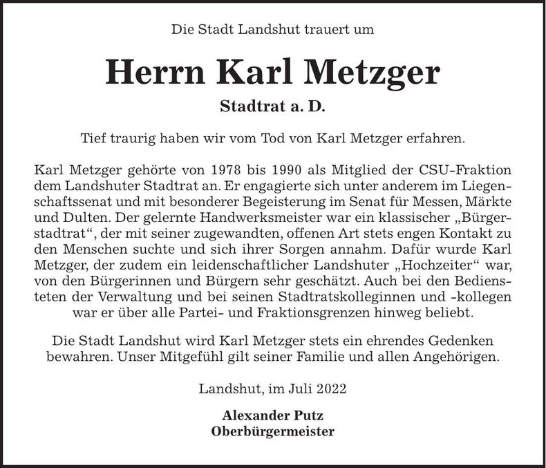 Traueranzeige Karl Metzger
