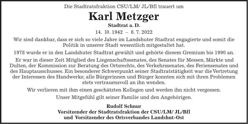 Traueranzeige Karl Metzger