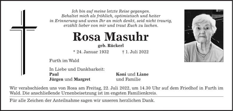 Traueranzeige Rosa Masuhr