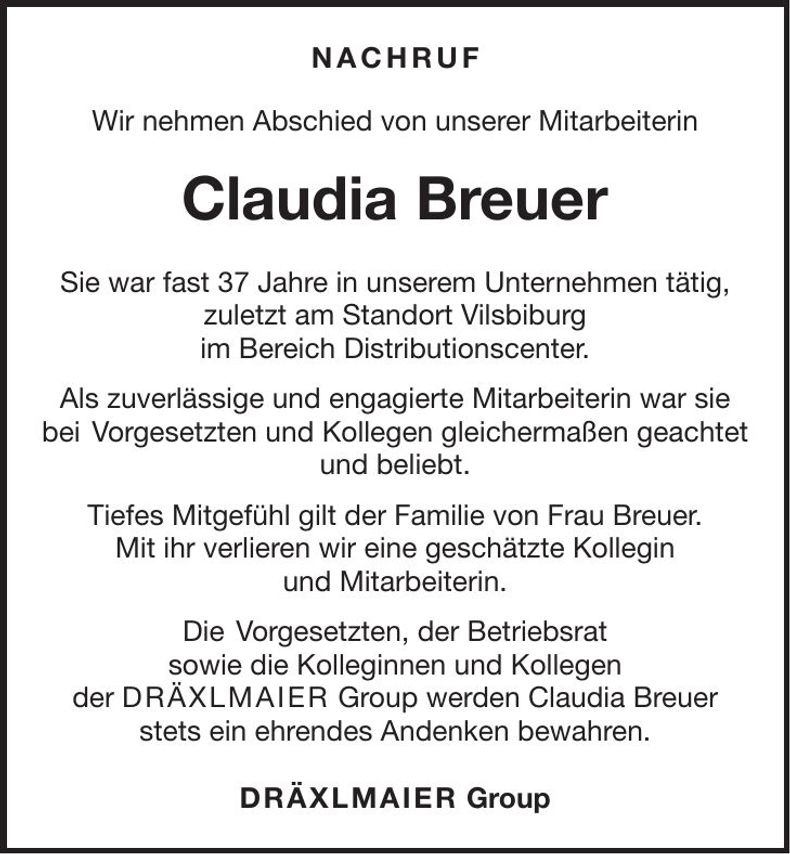 Traueranzeige Claudia Breuer