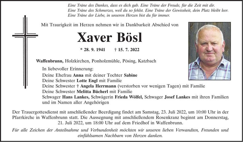 Traueranzeige Xaver Bösl
