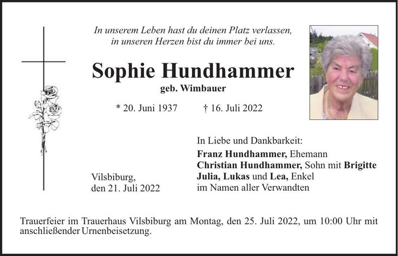 Traueranzeige Sophie Hundhammer