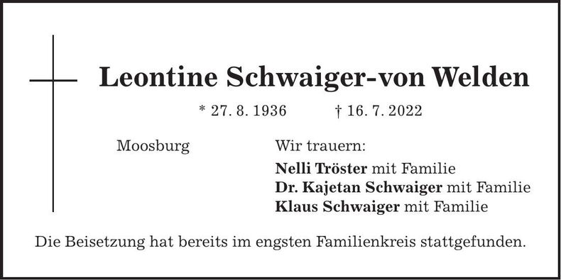 Traueranzeige Leontine Schwaiger-von Welden