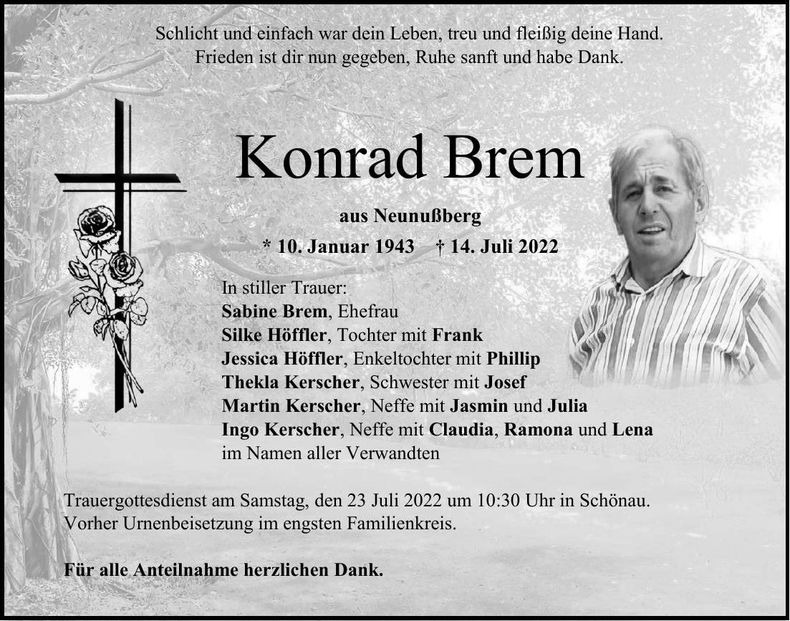 Traueranzeige Konrad Brem