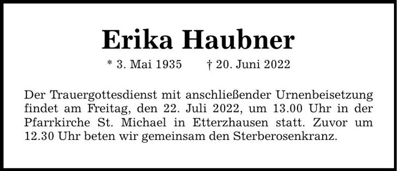 Traueranzeige Erika Haubner