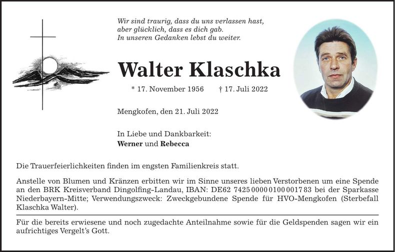 Traueranzeige Walter Klaschka
