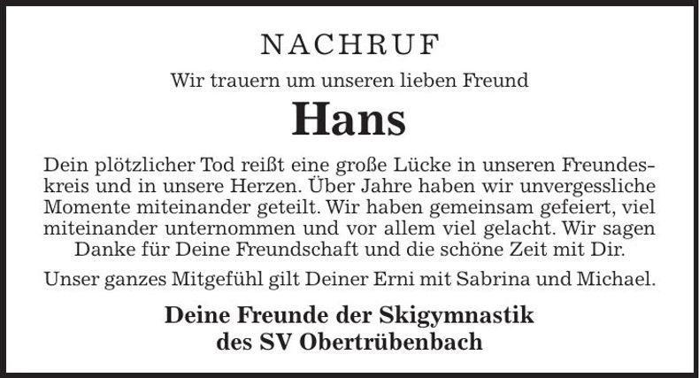 Traueranzeige Hans Hans