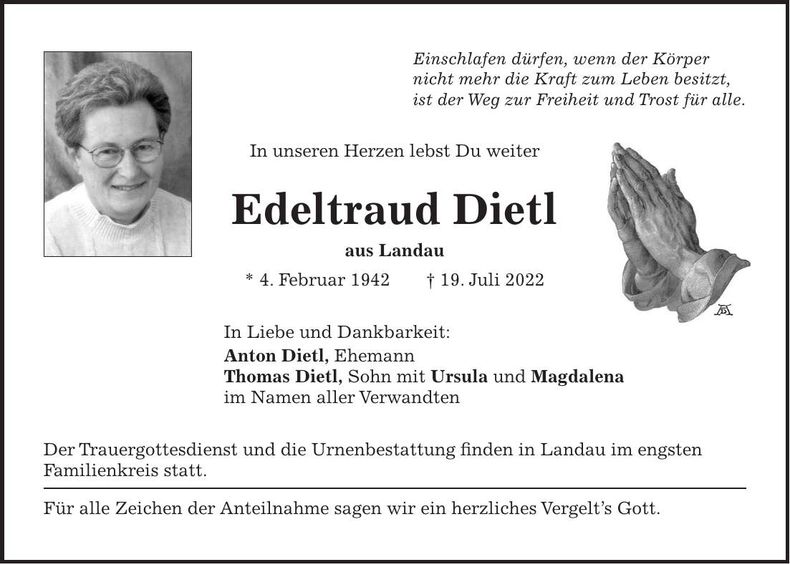 Traueranzeige Edeltraud Dietl