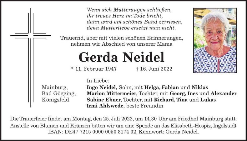 Traueranzeige Gerda Neidel