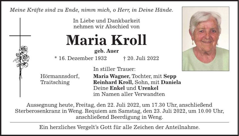 Traueranzeige Maria Kroll