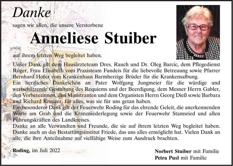 Traueranzeige Anneliese Stuiber