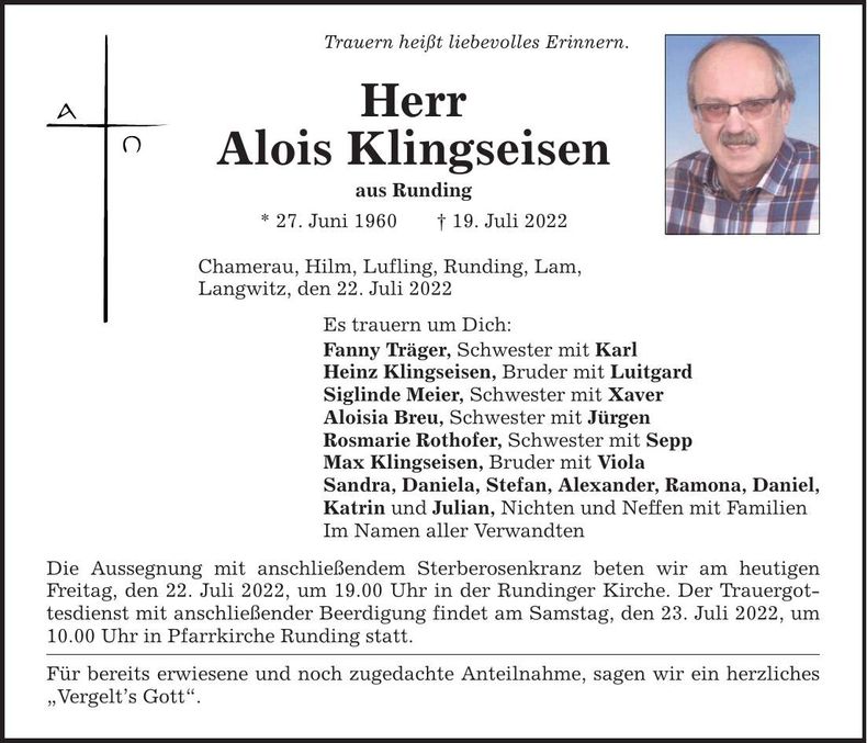 Traueranzeige Alois Klingseisen