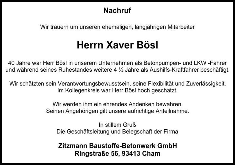Traueranzeige Xaver Bösl