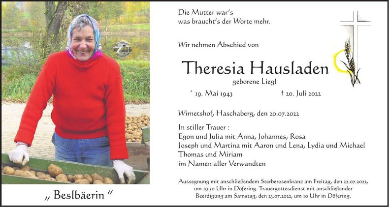 Traueranzeige Theresia Hausladen