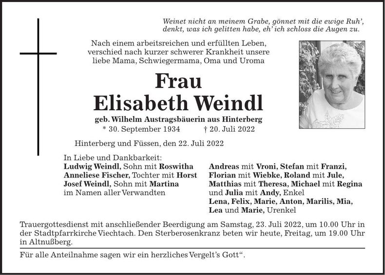 Traueranzeige Elisabeth Weindl