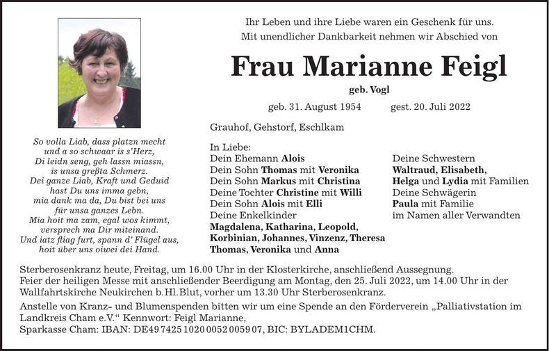 Traueranzeige Marianne Feigl