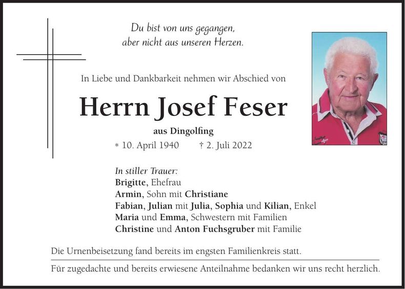 Traueranzeige Josef Feser