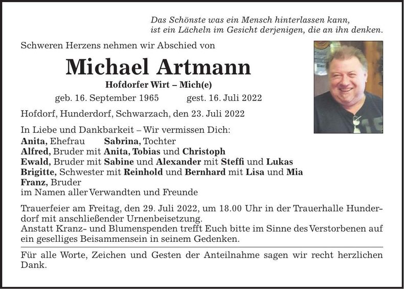Traueranzeige Michael Artmann