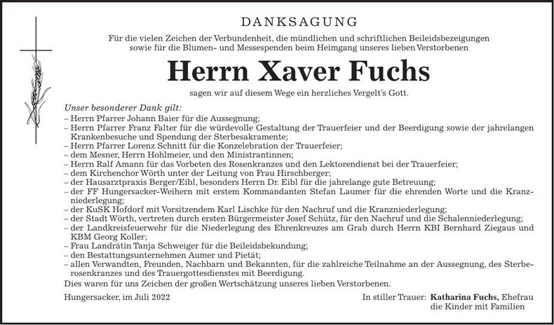 Traueranzeige Xaver Fuchs