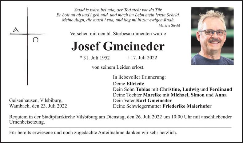 Traueranzeige Josef Gmeineder