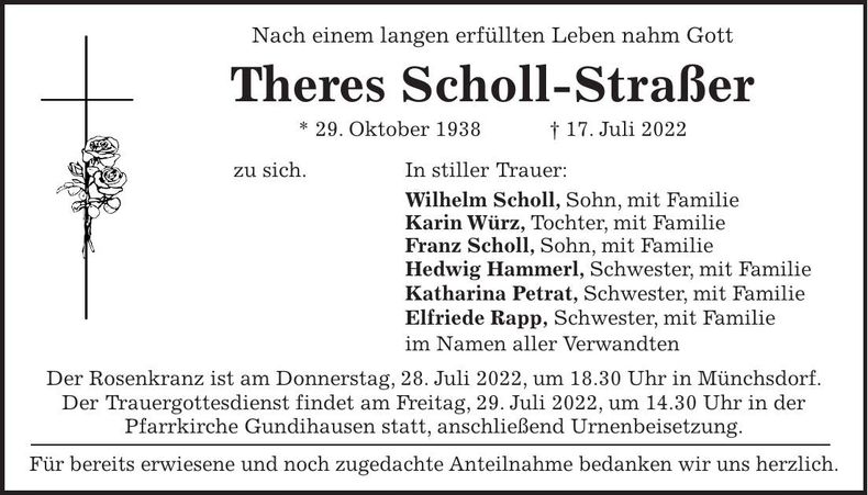 Traueranzeige Theres Scholl-Straßer